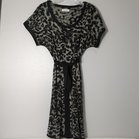 Calvin Klein Sz Medium Black Gray Leopard Belted Sweater Dress‎ Short Sleeve 216 - Picture 1 of 8